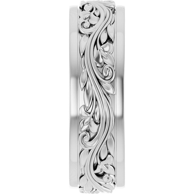 10K X1 White Gold Floral Inlay Flat Band