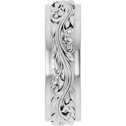 10K X1 White Gold Floral Inlay Flat Band