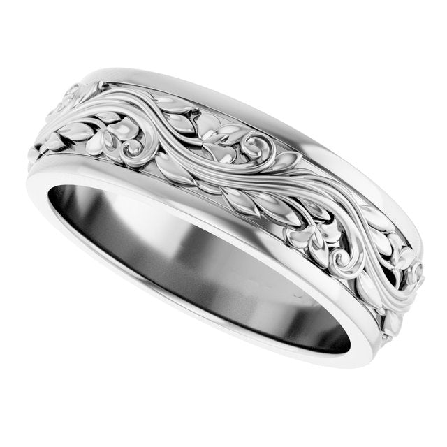 10K X1 White Gold Floral Inlay Flat Band