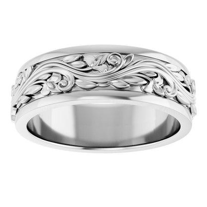 10K X1 White Gold Floral Inlay Flat Band