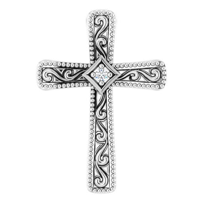 14K White Gold .01 CT Natural Diamond Cross Pendant