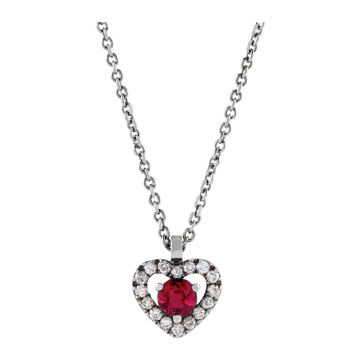 14K White Gold Natural Ruby & .06 CTW Natural Diamond Heart 18" Necklace