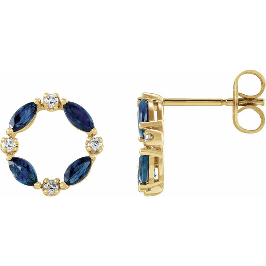 14K Yellow Gold Natural Blue Sapphire & 1/10 CTW Natural Diamond Circle Earrings