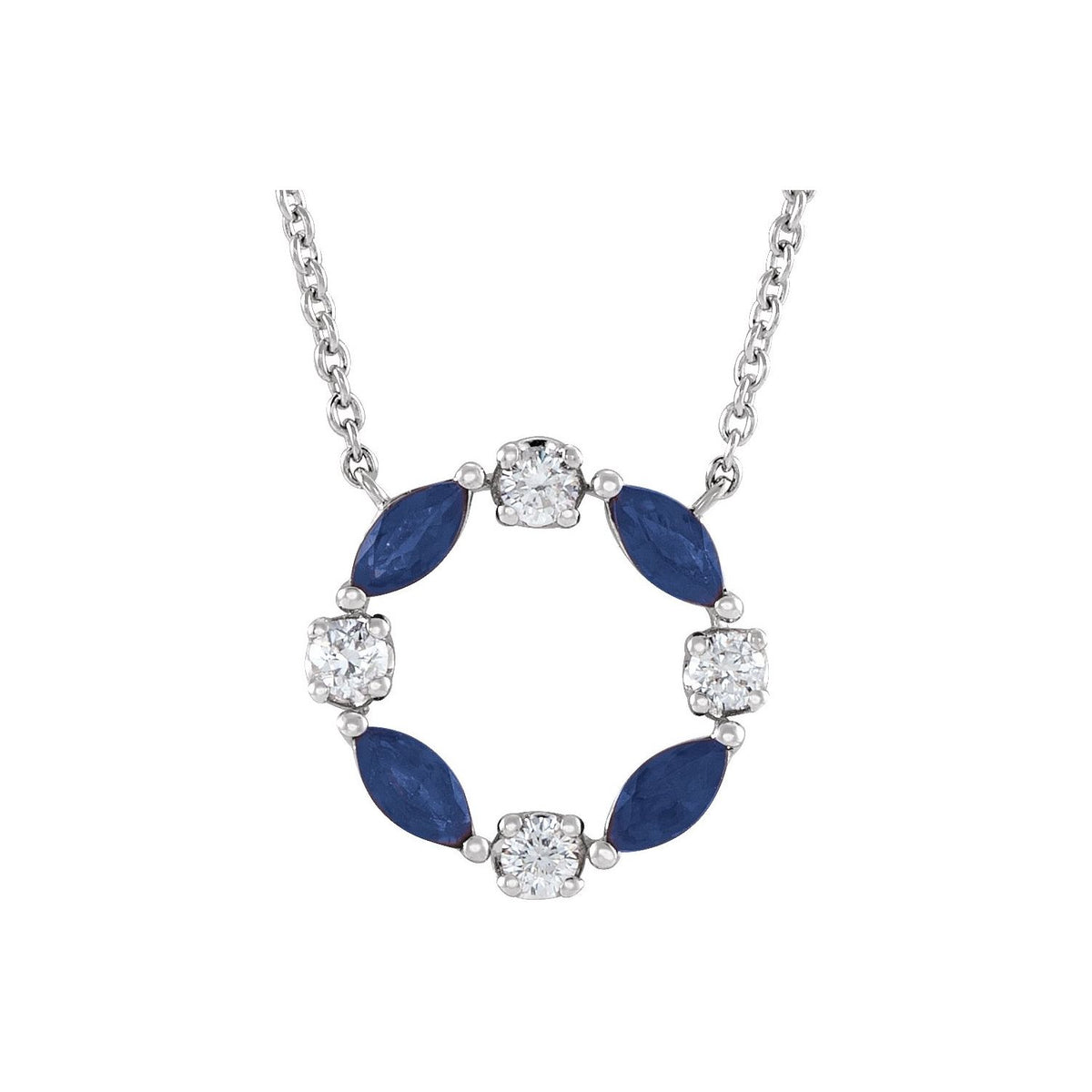 14K White Gold Natural Blue Sapphire & 1/10 CTW Natural Diamond Circle 18" Necklace