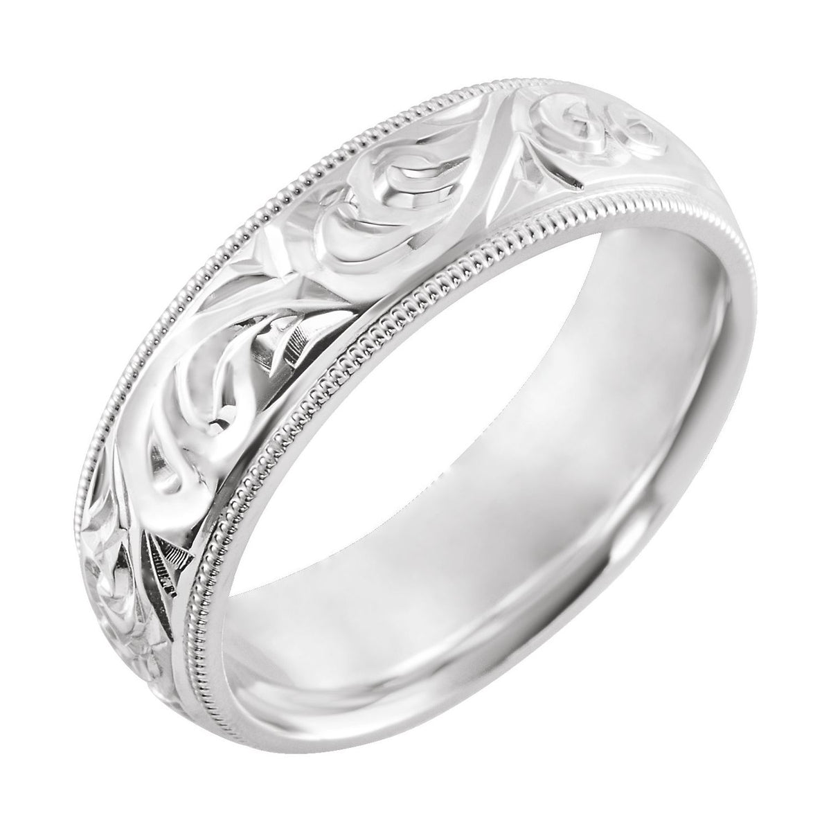 14K White Gold Hand-Engraved Milgrain Stepped-Edge Sculptural Comfort-Fit Half Round Band