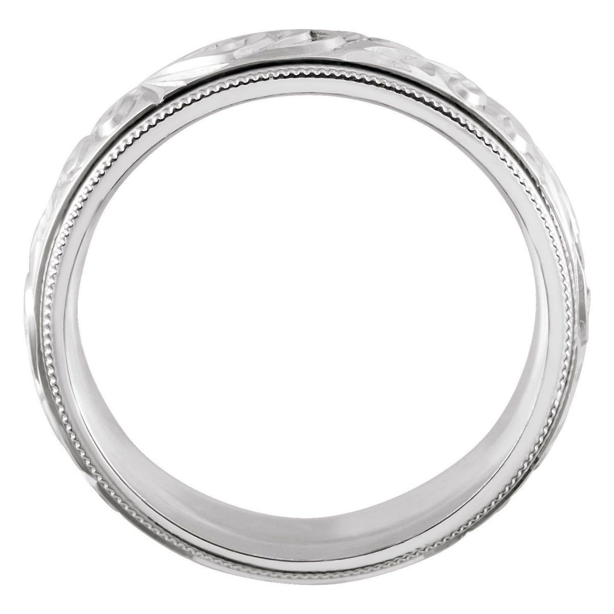 14K White Gold Hand-Engraved Milgrain Stepped-Edge Sculptural Comfort-Fit Half Round Band