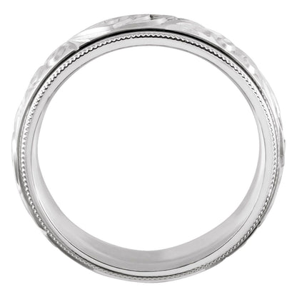 14K White Gold Hand-Engraved Milgrain Stepped-Edge Sculptural Comfort-Fit Half Round Band