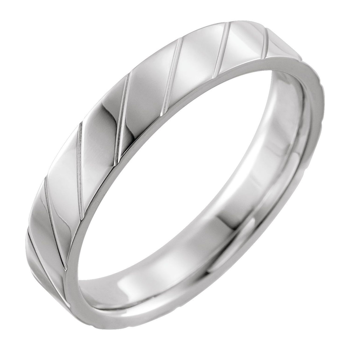 14K White Gold Diagonal Grooved Comfort-Fit Flat Band