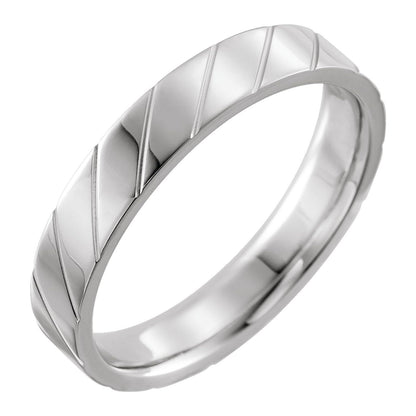 14K White Gold Diagonal Grooved Comfort-Fit Flat Band