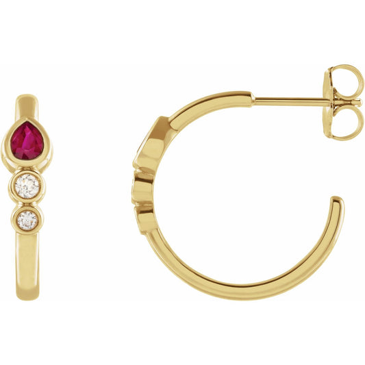 14K Yellow Gold Natural Ruby & 1/10 CTW Natural Diamond Bezel-Set Hoop Earrings