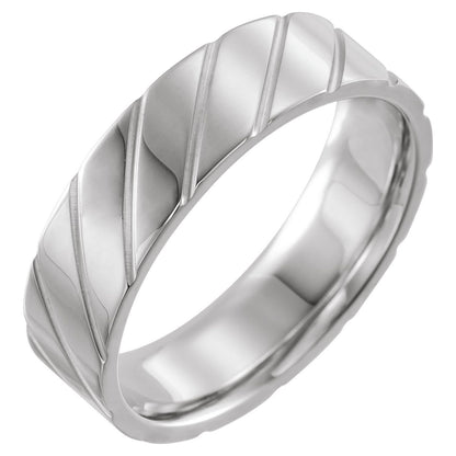 14K White Gold Diagonal Grooved Comfort-Fit Flat Band