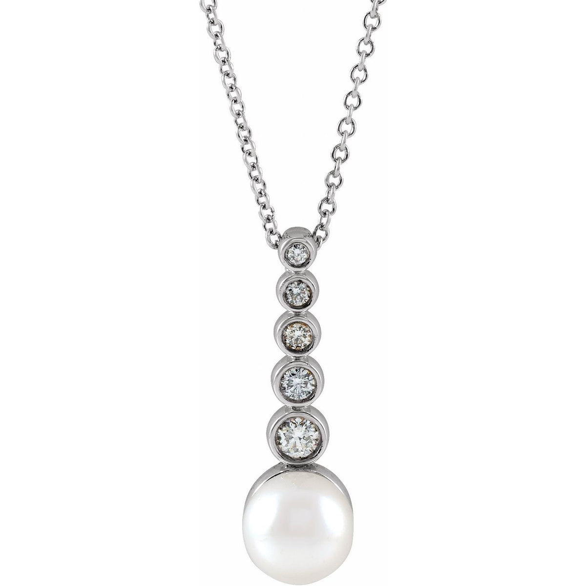 14K White Gold Cultured White Akoya Pearl & 1/8 CTW Natural Diamond Bar 16-18" Necklace