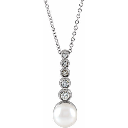 14K White Gold Cultured White Akoya Pearl & 1/8 CTW Natural Diamond Bar 16-18" Necklace