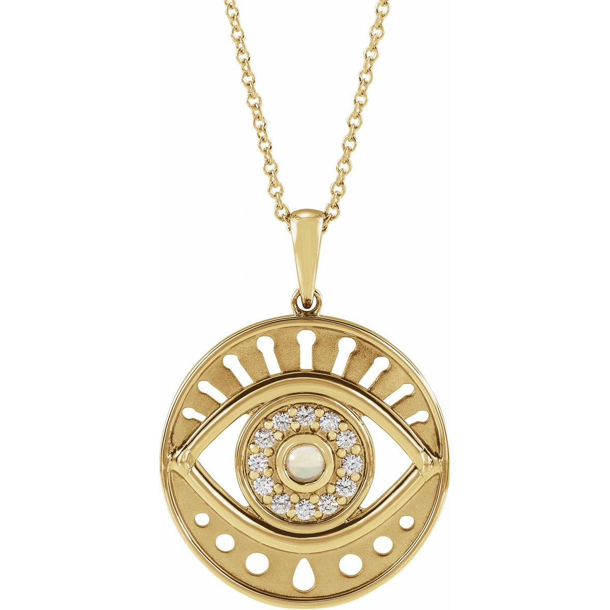 14K Yellow Gold Natural Ethiopian Opal & 1/6 CTW Natural Diamond Evil Eye 16-18" Necklace