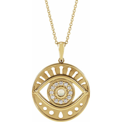 14K Yellow Gold Natural Ethiopian Opal & 1/6 CTW Natural Diamond Evil Eye 16-18" Necklace