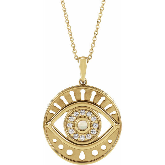14K Yellow Gold Natural Ethiopian Opal & 1/6 CTW Natural Diamond Evil Eye 16-18" Necklace