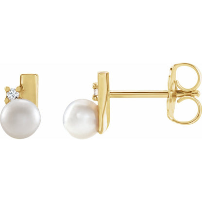 14K Yellow Gold Cultured White Akoya Pearl & .03 CTW Natural Diamond Geometric Earrings