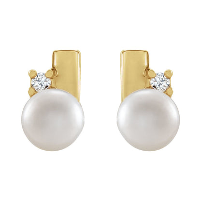 14K Yellow Gold Cultured White Akoya Pearl & .03 CTW Natural Diamond Geometric Earrings
