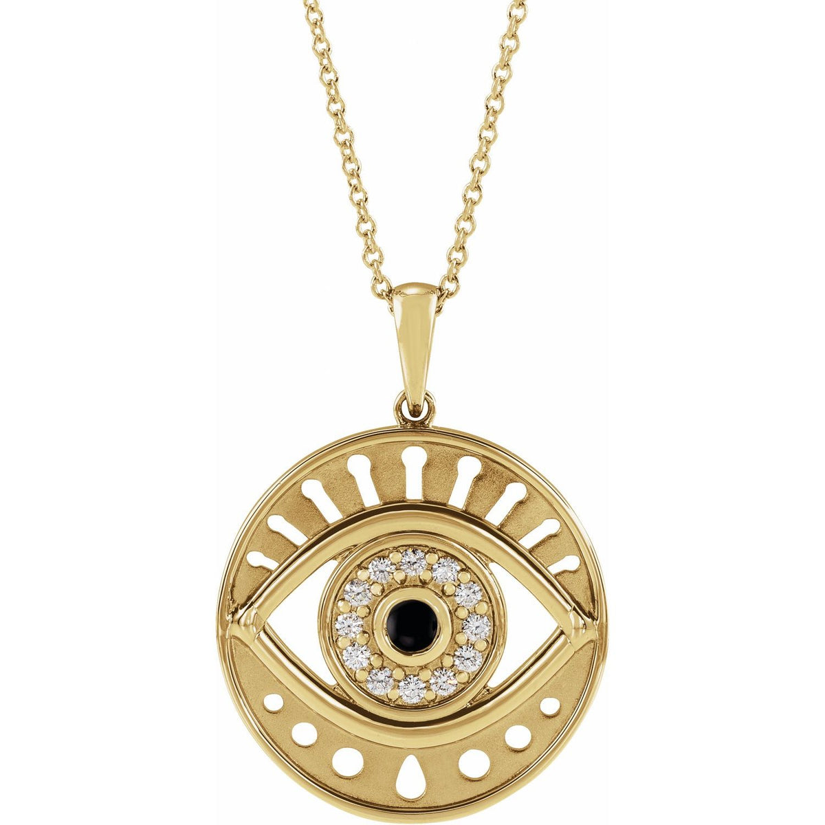 14K Yellow Gold Natural Turquoise & 1/6 CTW Natural Diamond Evil Eye 16-18" Necklace
