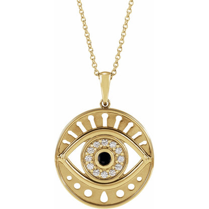 14K Yellow Gold Natural Turquoise & 1/6 CTW Natural Diamond Evil Eye 16-18" Necklace