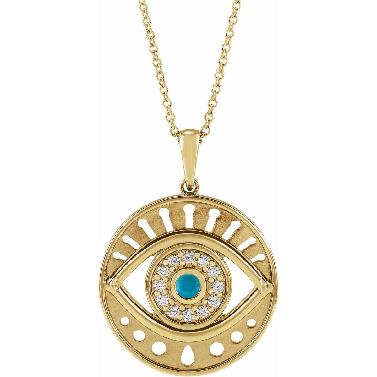 14K Yellow Gold Natural Turquoise & 1/6 CTW Natural Diamond Evil Eye 16-18" Necklace