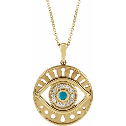 14K Yellow Gold Natural Turquoise & 1/6 CTW Natural Diamond Evil Eye 16-18" Necklace