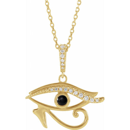 14K Yellow Gold Natural Black Onyx & .08 CTW Natural Diamond Eye of Horus 16-18" Necklace