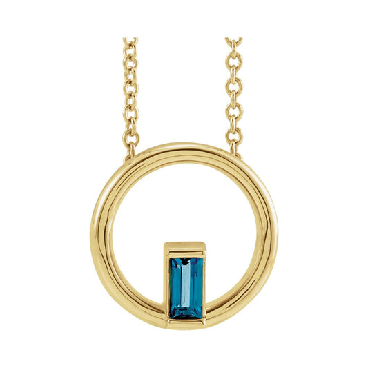 14K Yellow Gold Natural London Blue Topaz Circle 16-18" Necklace
