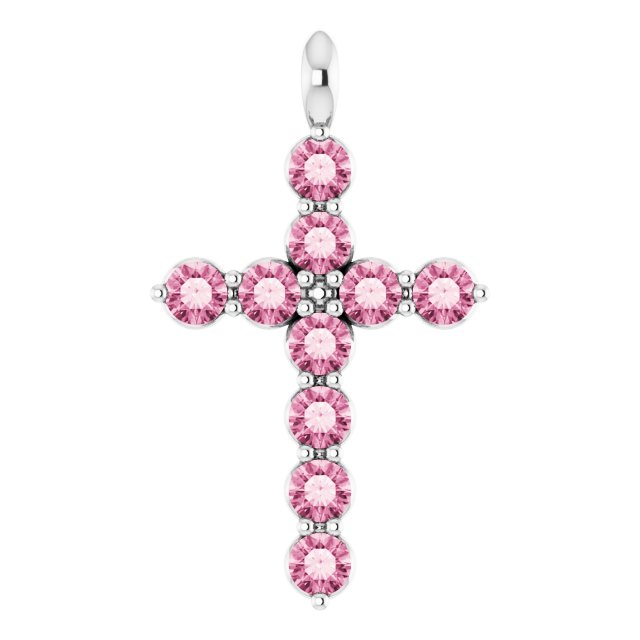 14K White Gold Natural Pink Tourmaline Cross Pendant