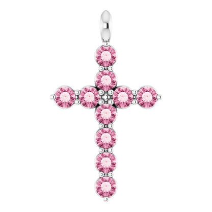 14K White Gold Natural Pink Tourmaline Cross Pendant
