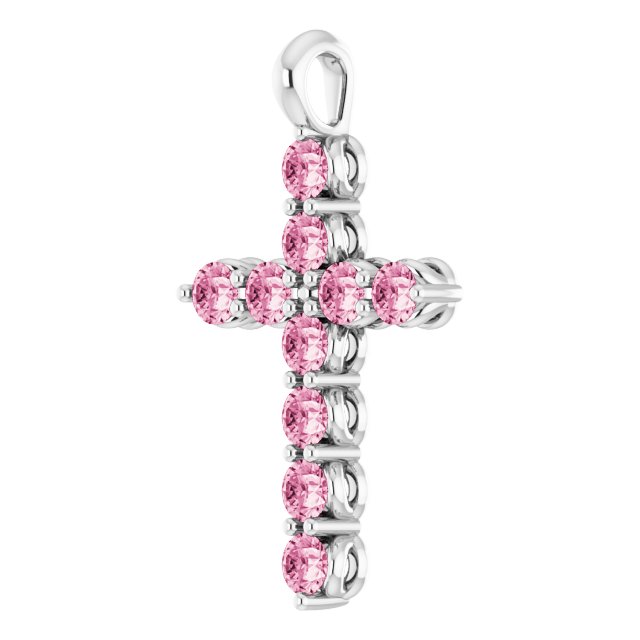 14K White Gold Natural Pink Tourmaline Cross Pendant