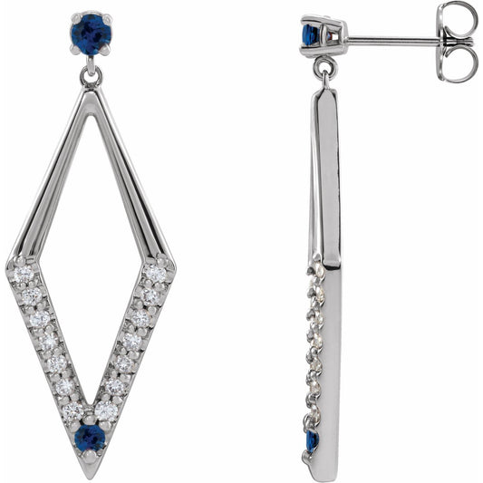 14K White Gold Natural Blue Sapphire & 3/8 CTW Natural Diamond Geometric Earrings