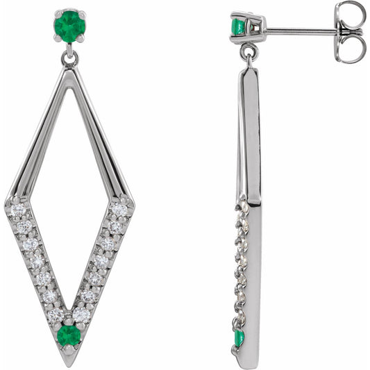 14K White Gold Natural Emerald & 3/8 CTW Natural Diamond Geometric Earrings