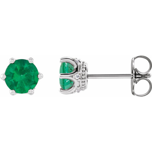 14K White Gold Natural Emerald & .03 CTW Natural Diamond Crown Earrings