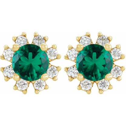 14K Yellow Gold Natural Emerald & .08 CTW Natural Diamond Earrings