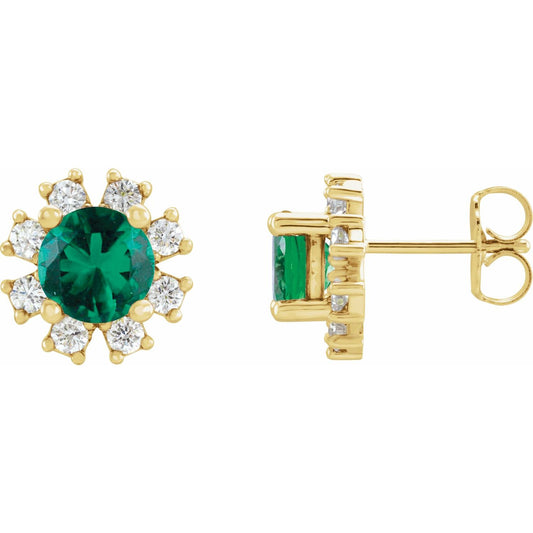 14K Yellow Gold Natural Emerald & .06 CTW Natural Diamond Earrings