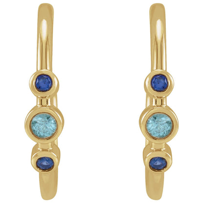 14K Yellow Gold Natural Blue Zircon & Natural Blue Sapphire Bezel-Set Hoop Earrings