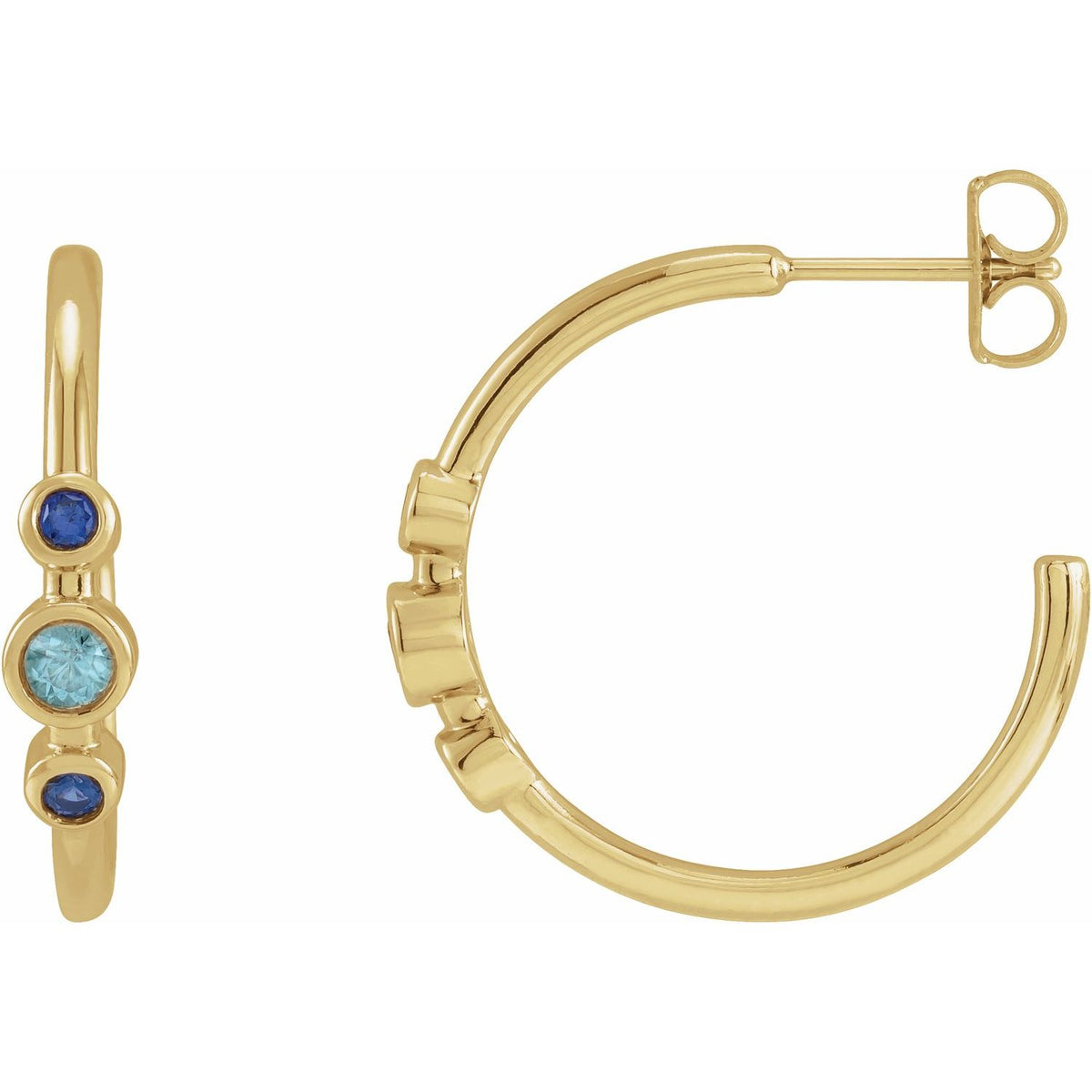 14K Yellow Gold Natural Blue Zircon & Natural Blue Sapphire Bezel-Set Hoop Earrings