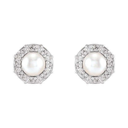 14K White Gold Cultured White Akoya Pearl & .07 CTW Natural Diamond Halo-Style Earrings