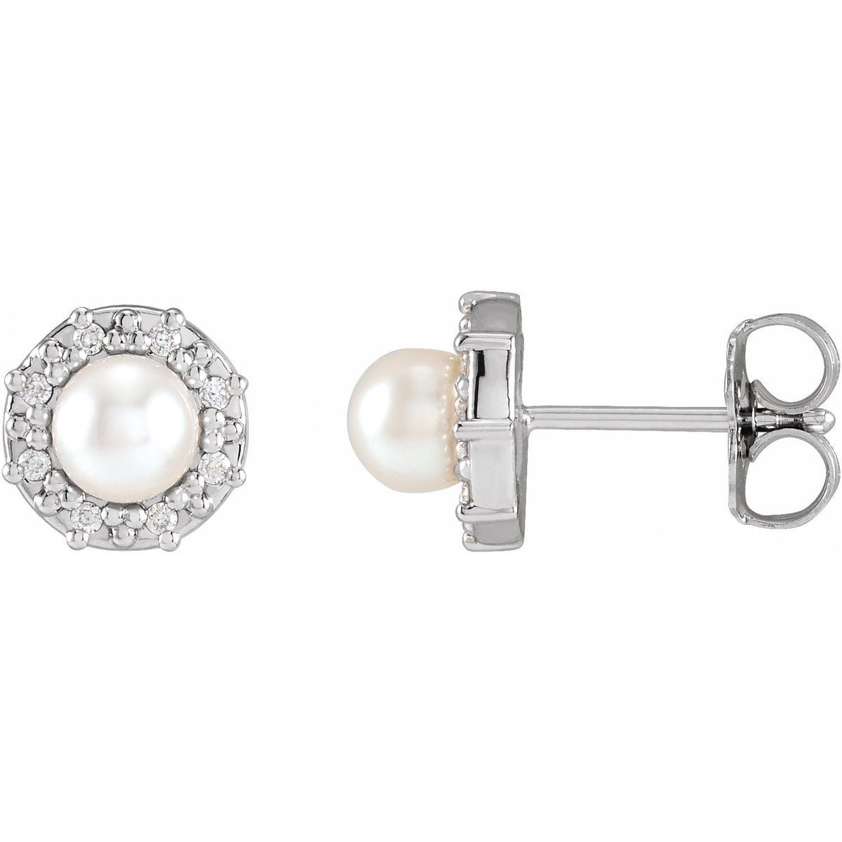 14K White Gold Cultured White Akoya Pearl & .07 CTW Natural Diamond Halo-Style Earrings