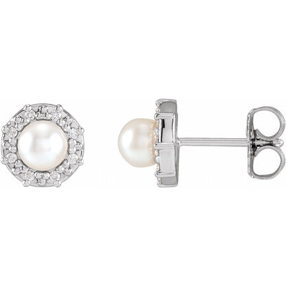 14K White Gold Cultured White Akoya Pearl & .07 CTW Natural Diamond Halo-Style Earrings