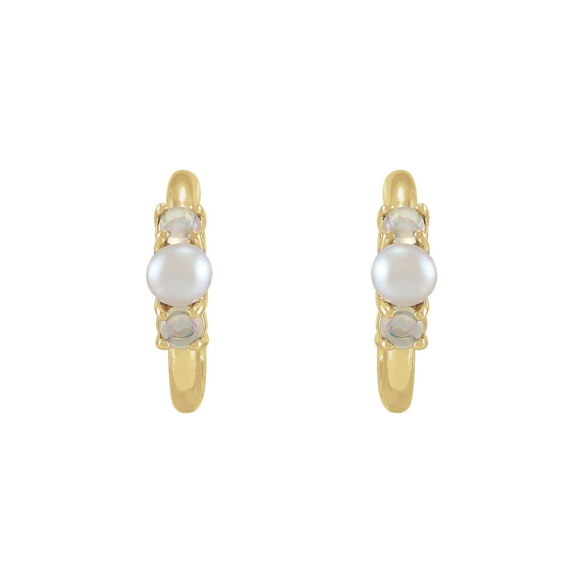 14K Yellow Gold Cultured White Seed Pearl & Natural White Ethiopian Opal Huggie Earrings