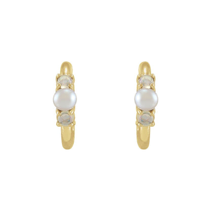 14K Yellow Gold Cultured White Seed Pearl & Natural White Ethiopian Opal Huggie Earrings