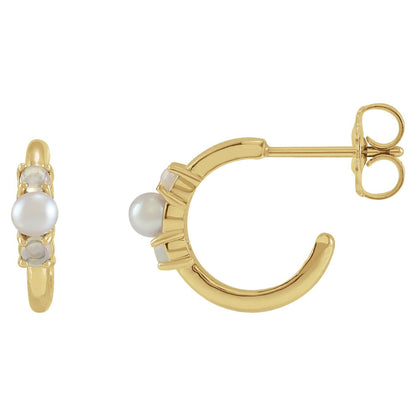 14K Yellow Gold Cultured White Seed Pearl & Natural White Ethiopian Opal Huggie Earrings