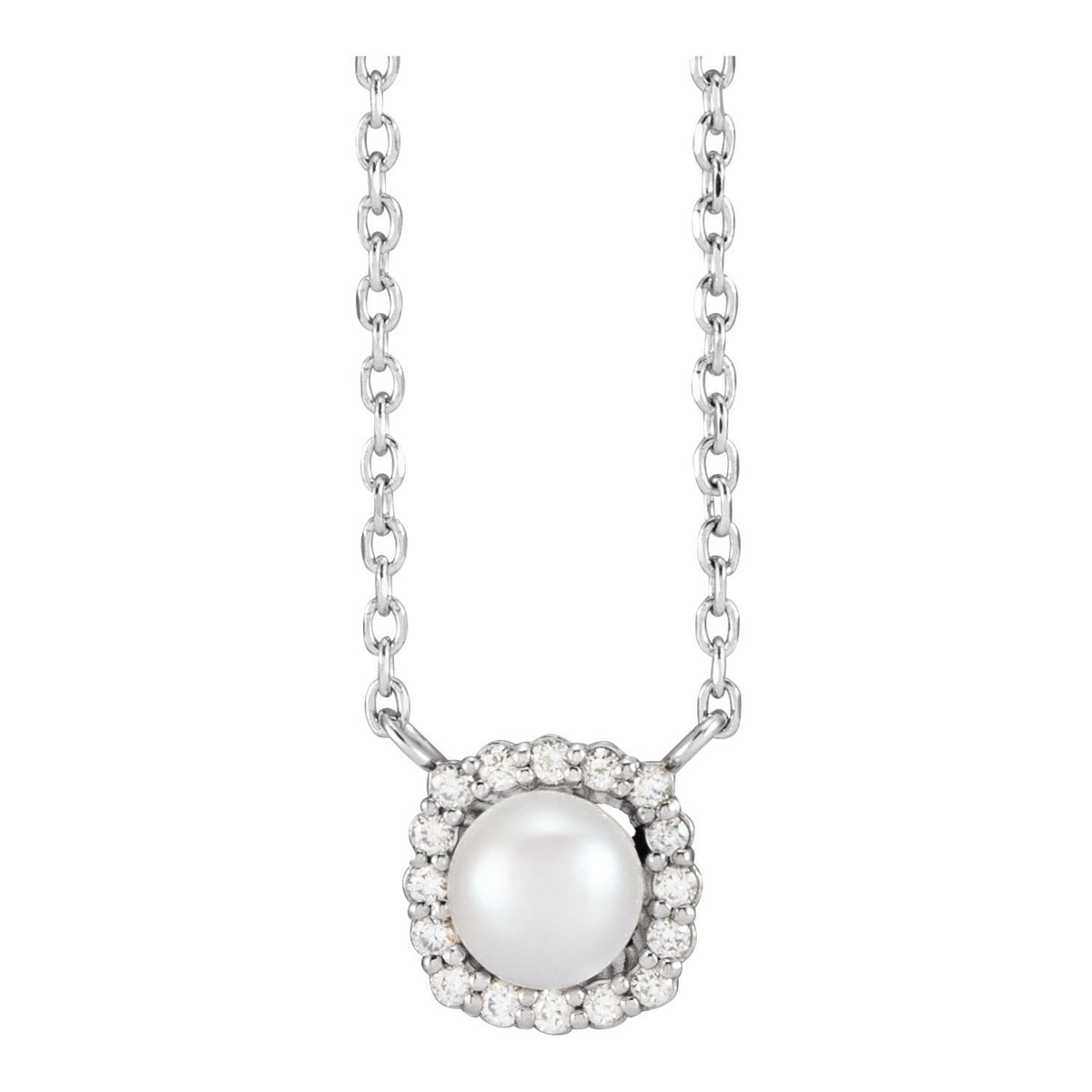 14K White Gold Cultured White Akoya Pearl .06 CTW Natural Diamond Halo-Style 18" Necklace