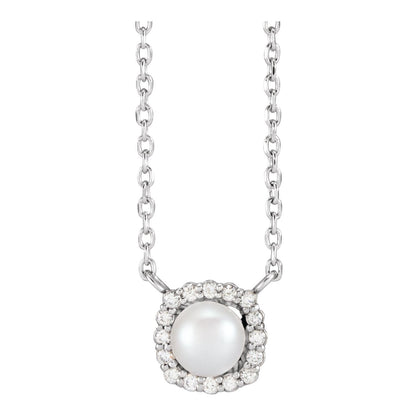 14K White Gold Cultured White Akoya Pearl .06 CTW Natural Diamond Halo-Style 18" Necklace
