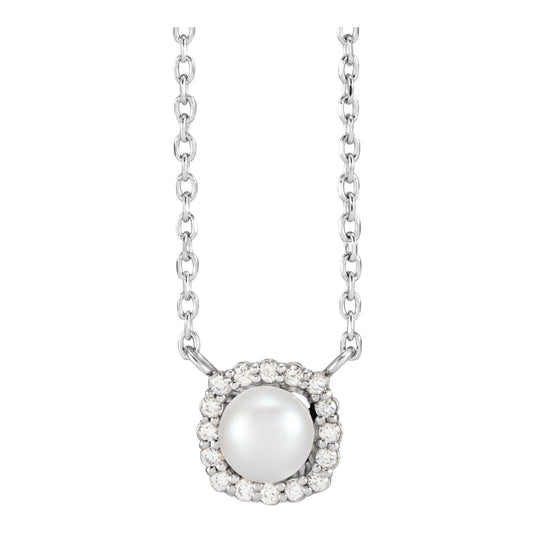 14K White Gold Cultured White Akoya Pearl .06 CTW Natural Diamond Halo-Style 18" Necklace
