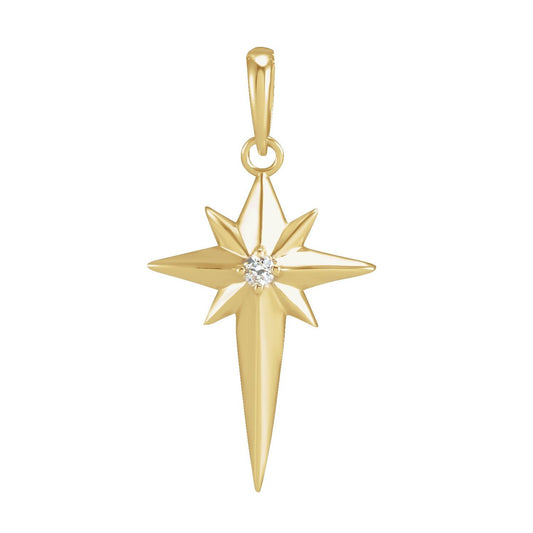 14K Yellow Gold .03 CT Natural Diamond Star Cross Pendant
