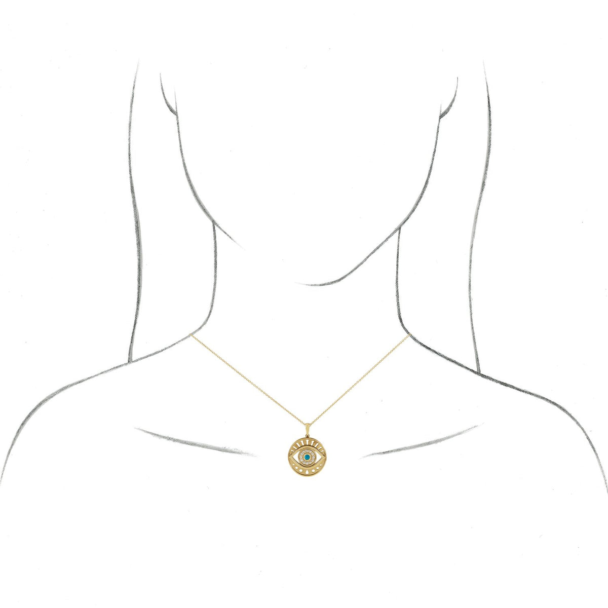 14K Yellow Gold Natural Turquoise & 1/6 CTW Natural Diamond Evil Eye 16-18" Necklace