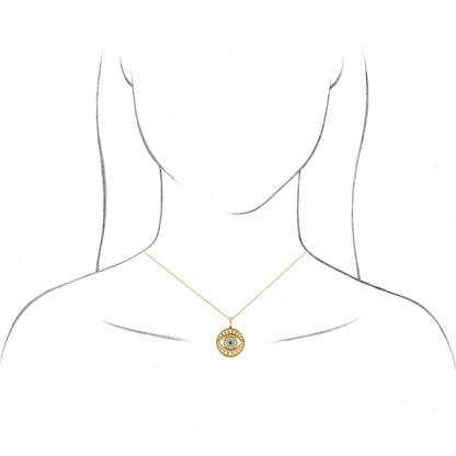 14K Yellow Gold Natural Turquoise & 1/6 CTW Natural Diamond Evil Eye 16-18" Necklace